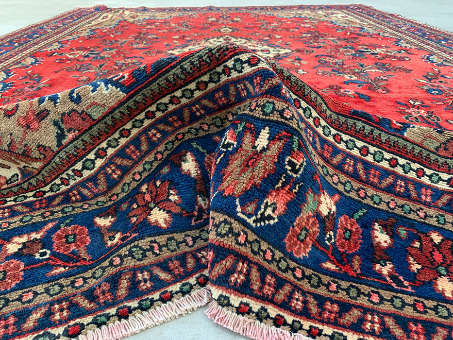 11'6" x 8'6" Handgeknoopt Perzisch wollen tapijt – Rood, ivoor & blauw bloemig medaillonontwerp – KBHM-765