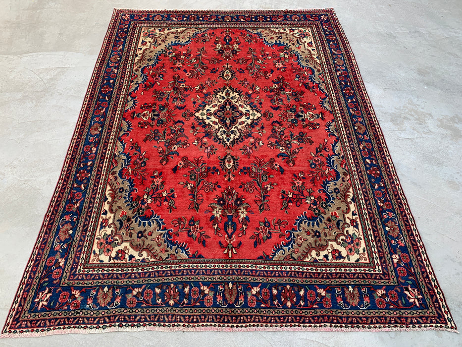 11'6" x 8'6" Handgeknoopt Perzisch wollen tapijt – Rood, ivoor & blauw bloemig medaillonontwerp – KBHM-765