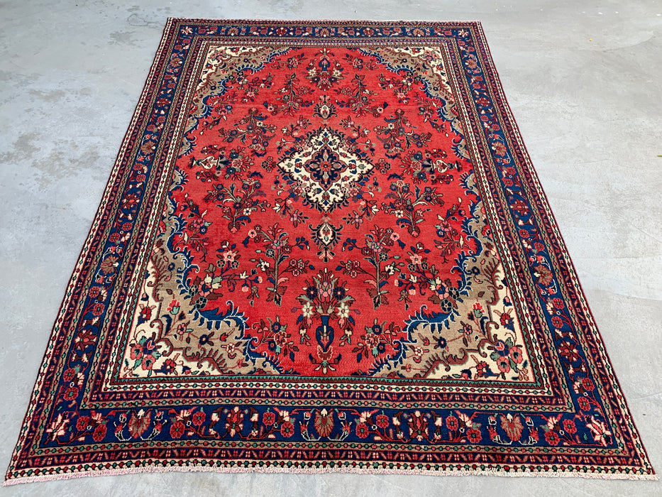 11'6" x 8'6" Handgeknoopt Perzisch wollen tapijt – Rood, ivoor & blauw bloemig medaillonontwerp – KBHM-765