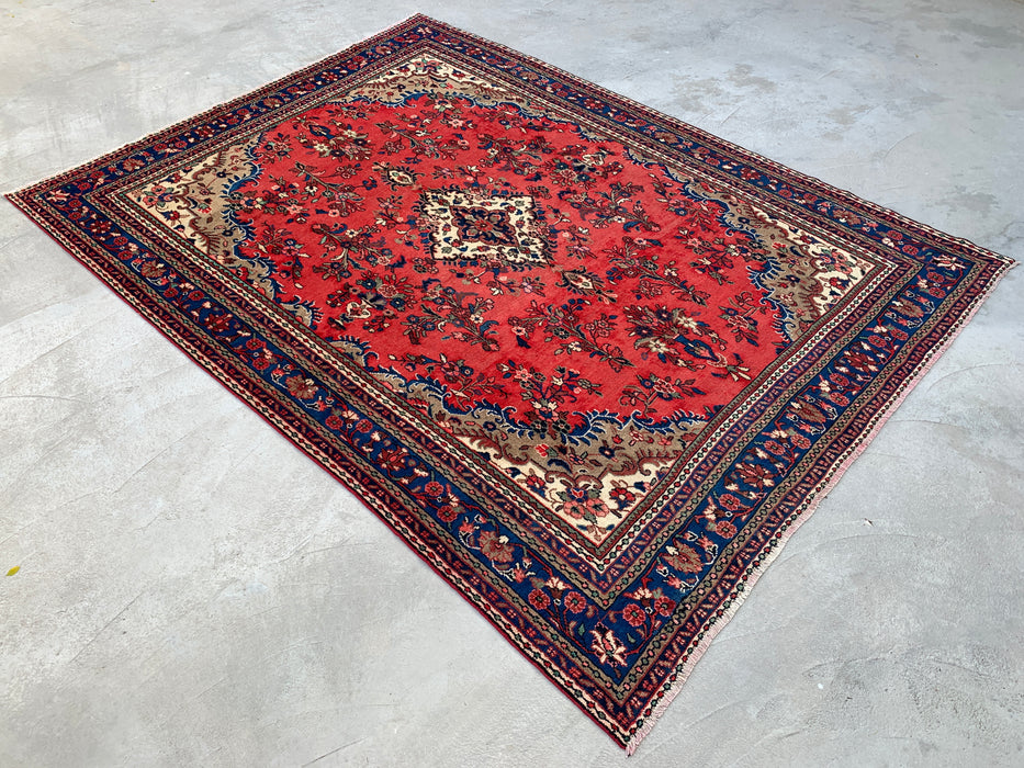 11'6" x 8'6" Handgeknoopt Perzisch wollen tapijt – Rood, ivoor & blauw bloemig medaillonontwerp – KBHM-765