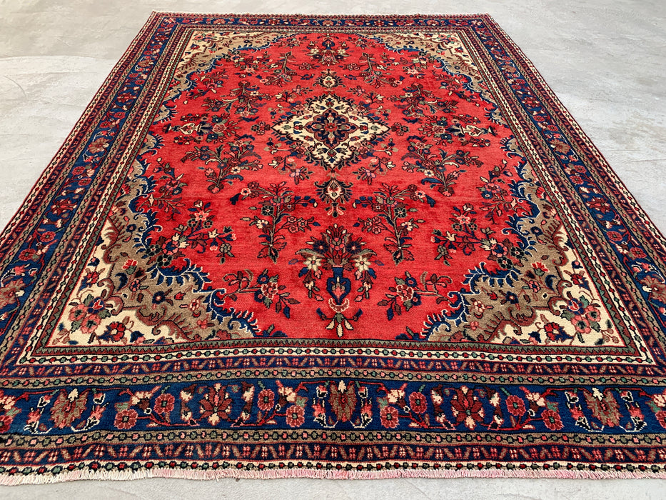 11'6" x 8'6" Handgeknoopt Perzisch wollen tapijt – Rood, ivoor & blauw bloemig medaillonontwerp – KBHM-765