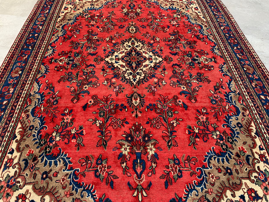 11'6" x 8'6" Handgeknoopt Perzisch wollen tapijt – Rood, ivoor & blauw bloemig medaillonontwerp – KBHM-765