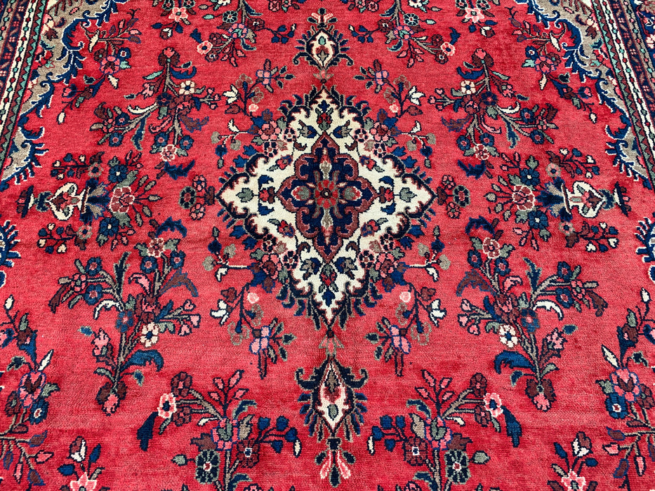 11'6" x 8'6" Handgeknoopt Perzisch wollen tapijt – Rood, ivoor & blauw bloemig medaillonontwerp – KBHM-765