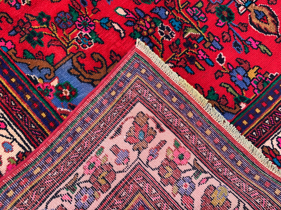 Handgemaakt Perzisch wollen vloerkleed 7x10 - Rood, marineblauw & ivoorkleurig bloemenmedaillon Perzische stijl vloerkleed - Exacte afmeting 9'11" x 6'8" - KBHM-766