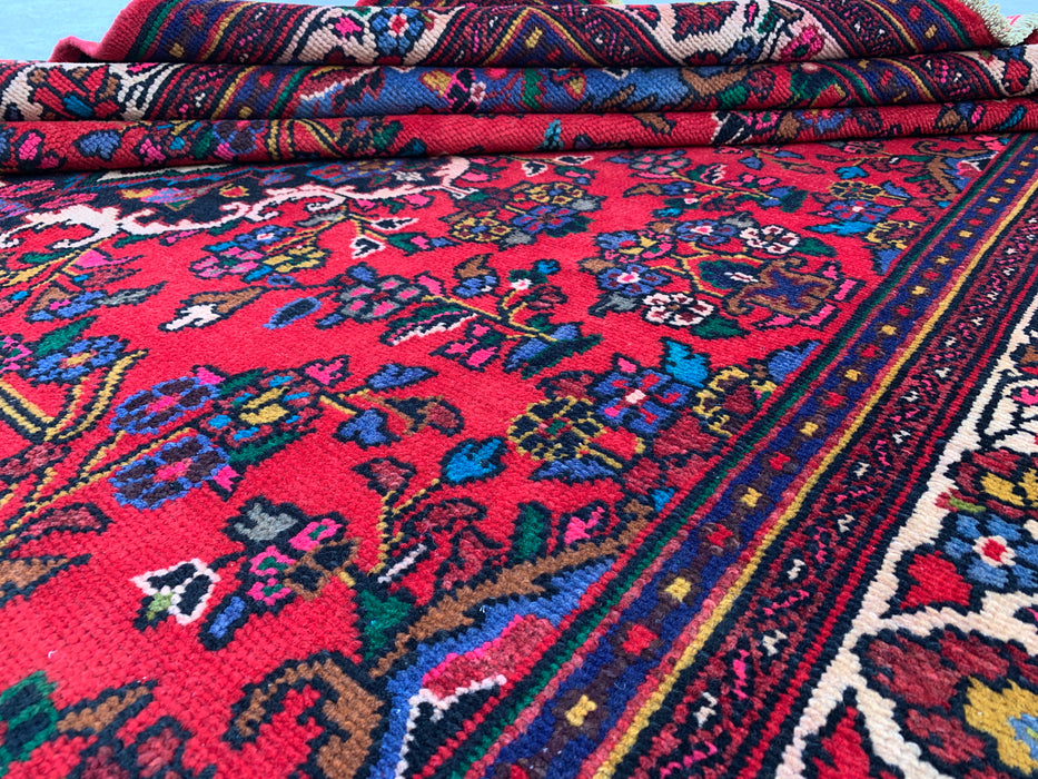 Handgemaakt Perzisch wollen vloerkleed 7x10 - Rood, marineblauw & ivoorkleurig bloemenmedaillon Perzische stijl vloerkleed - Exacte afmeting 9'11" x 6'8" - KBHM-766
