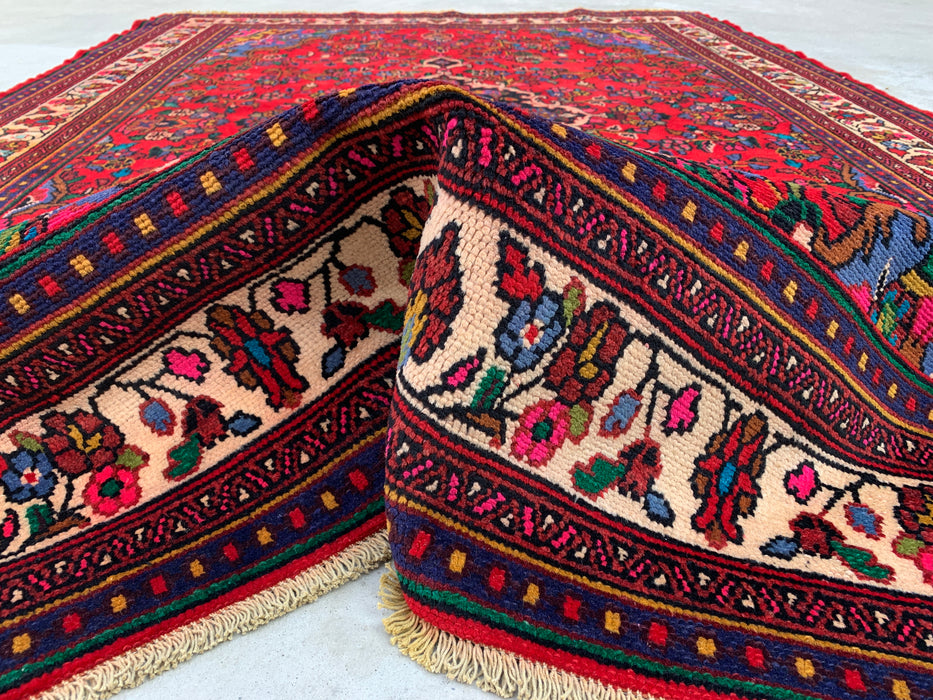 Handgemaakt Perzisch wollen vloerkleed 7x10 - Rood, marineblauw & ivoorkleurig bloemenmedaillon Perzische stijl vloerkleed - Exacte afmeting 9'11" x 6'8" - KBHM-766