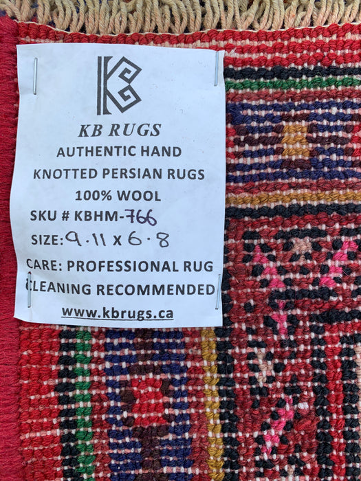 Handgemaakt Perzisch wollen vloerkleed 7x10 - Rood, marineblauw & ivoorkleurig bloemenmedaillon Perzische stijl vloerkleed - Exacte afmeting 9'11" x 6'8" - KBHM-766