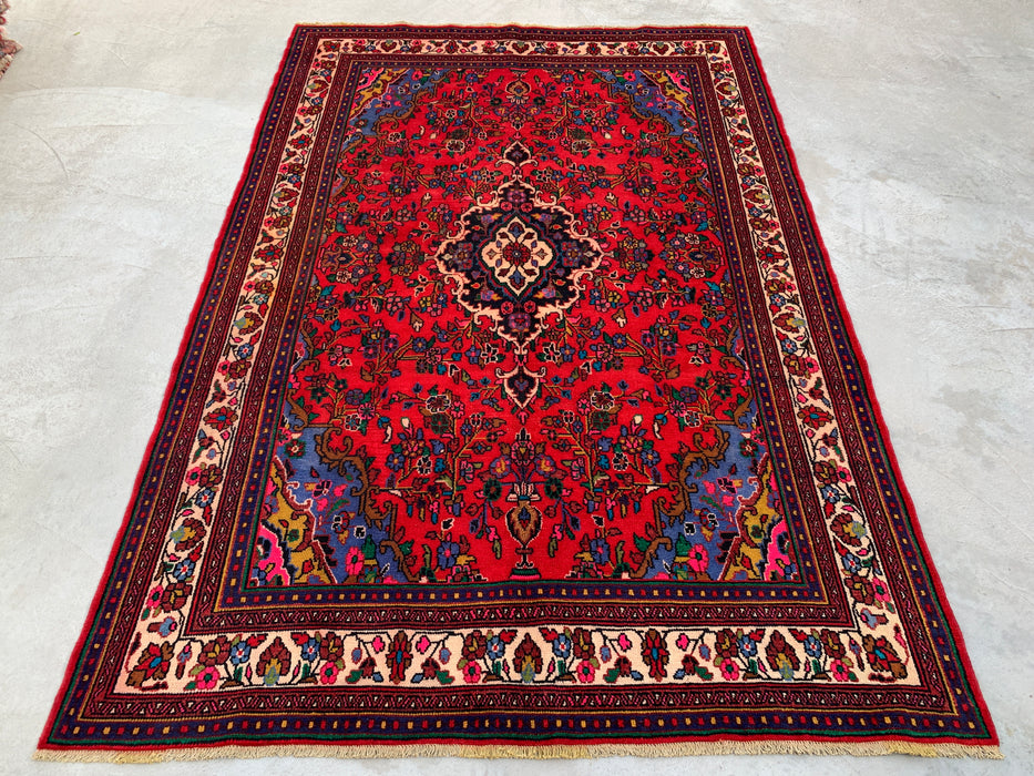 Handgemaakt Perzisch wollen vloerkleed 7x10 - Rood, marineblauw & ivoorkleurig bloemenmedaillon Perzische stijl vloerkleed - Exacte afmeting 9'11" x 6'8" - KBHM-766