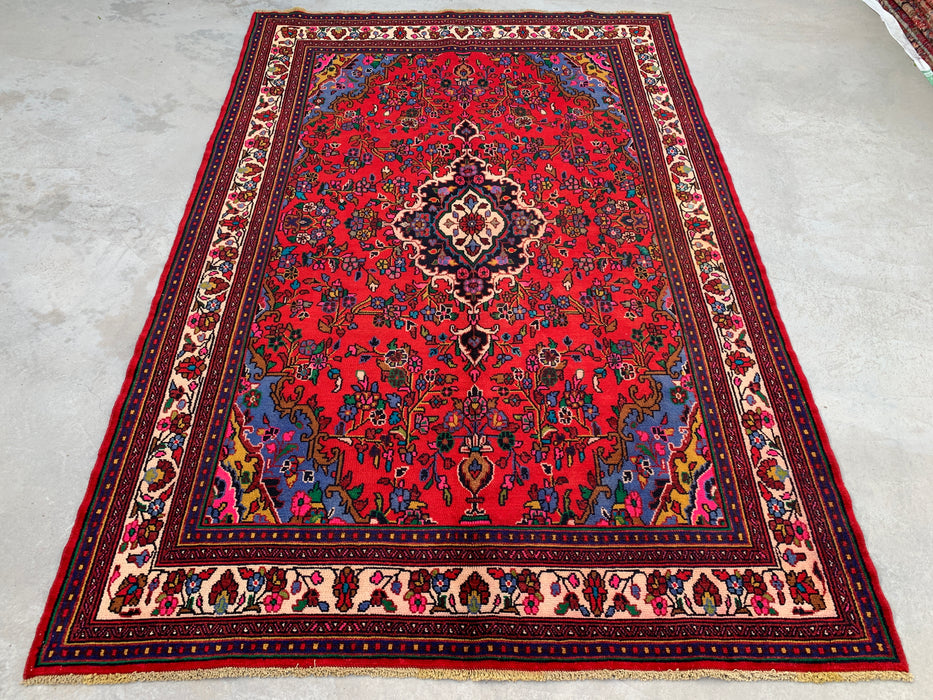 Handgemaakt Perzisch wollen vloerkleed 7x10 - Rood, marineblauw & ivoorkleurig bloemenmedaillon Perzische stijl vloerkleed - Exacte afmeting 9'11" x 6'8" - KBHM-766