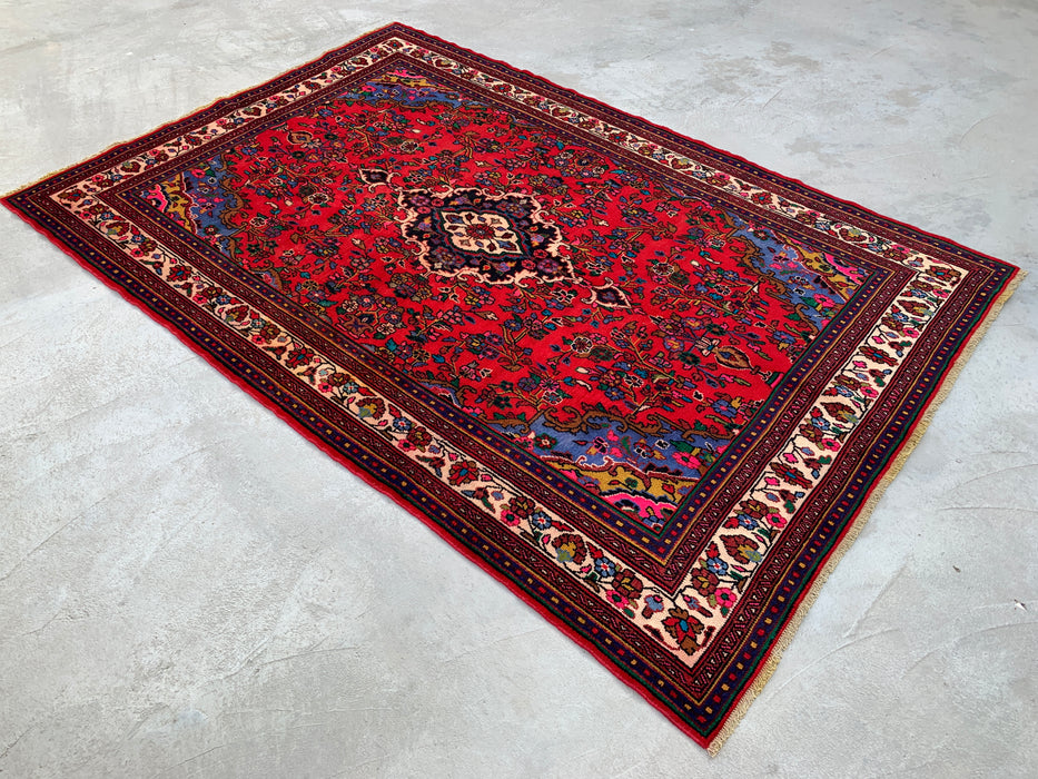 Handgemaakt Perzisch wollen vloerkleed 7x10 - Rood, marineblauw & ivoorkleurig bloemenmedaillon Perzische stijl vloerkleed - Exacte afmeting 9'11" x 6'8" - KBHM-766