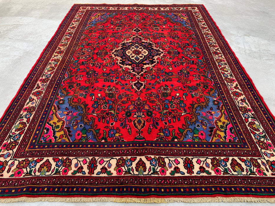 Handgemaakt Perzisch wollen vloerkleed 7x10 - Rood, marineblauw & ivoorkleurig bloemenmedaillon Perzische stijl vloerkleed - Exacte afmeting 9'11" x 6'8" - KBHM-766