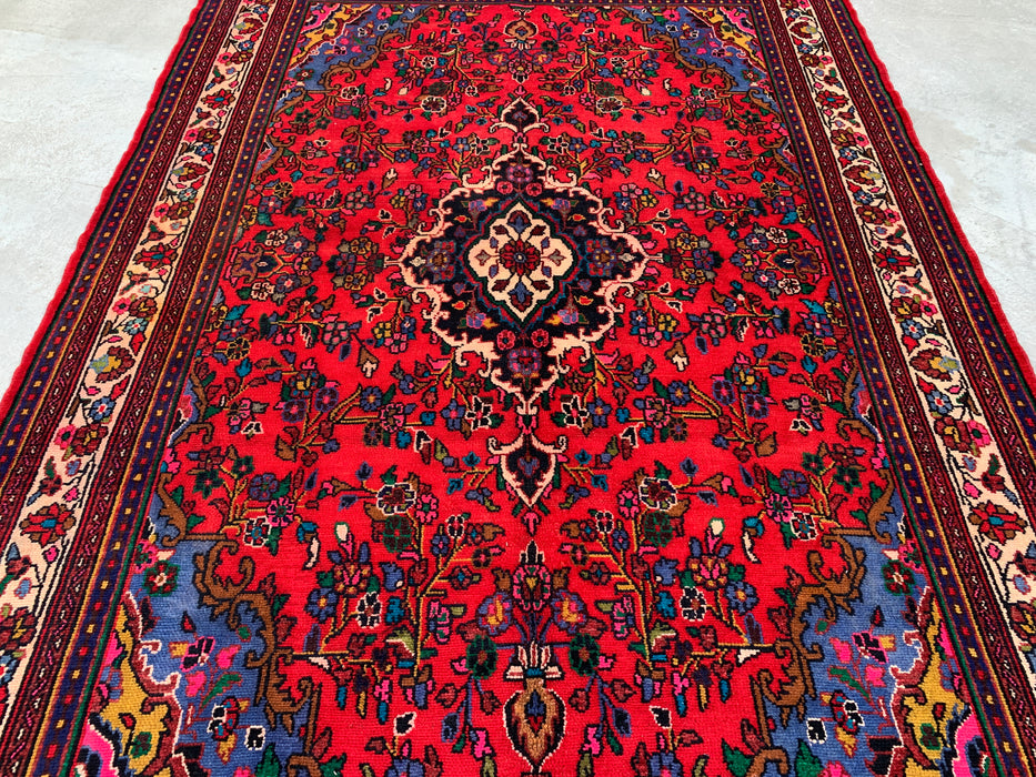 Handgemaakt Perzisch wollen vloerkleed 7x10 - Rood, marineblauw & ivoorkleurig bloemenmedaillon Perzische stijl vloerkleed - Exacte afmeting 9'11" x 6'8" - KBHM-766