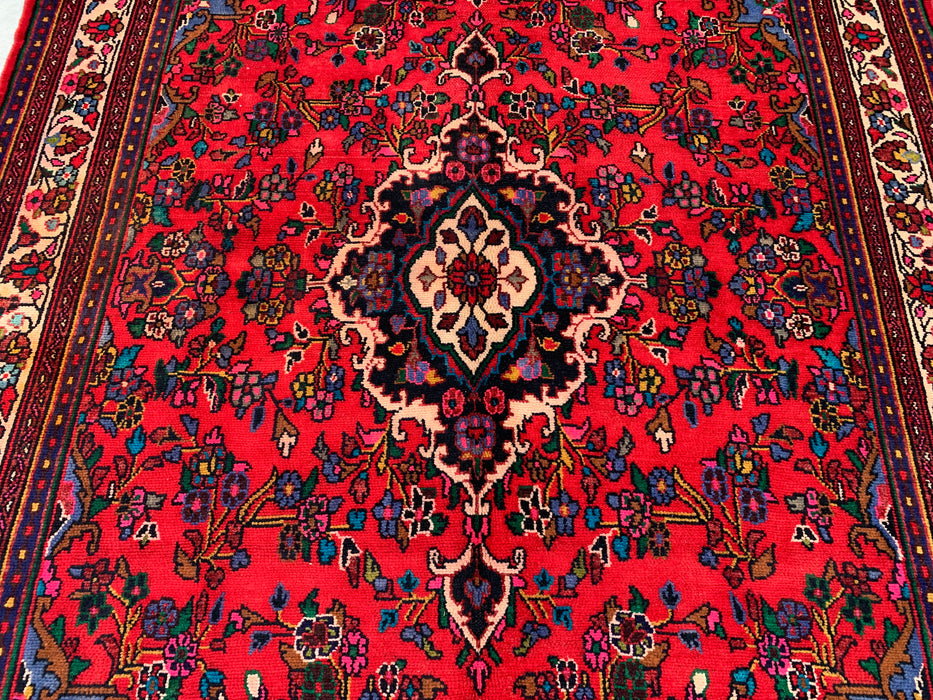 Handgemaakt Perzisch wollen vloerkleed 7x10 - Rood, marineblauw & ivoorkleurig bloemenmedaillon Perzische stijl vloerkleed - Exacte afmeting 9'11" x 6'8" - KBHM-766