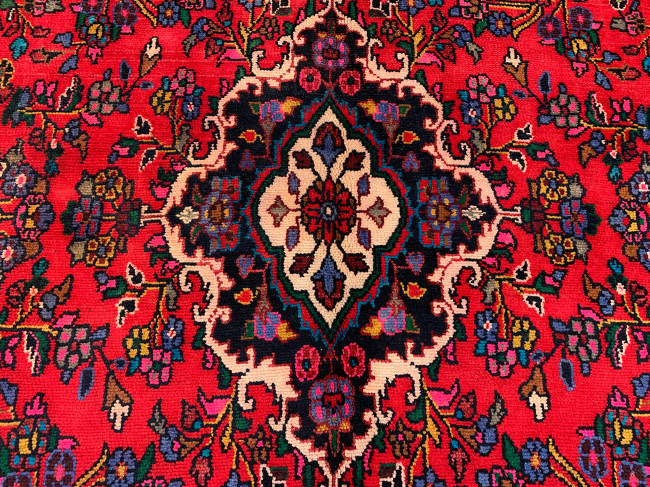 Handgemaakt Perzisch wollen vloerkleed 7x10 - Rood, marineblauw & ivoorkleurig bloemenmedaillon Perzische stijl vloerkleed - Exacte afmeting 9'11" x 6'8" - KBHM-766