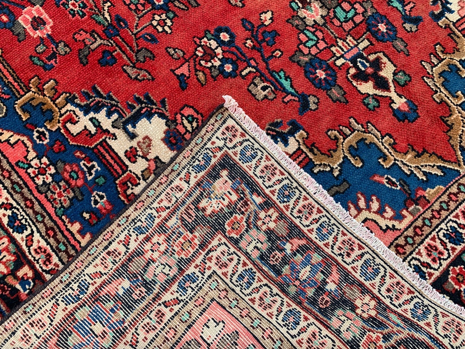 Handgemaakt Perzisch wollen vloerkleed 7x10 - Rood, blauw & ivoor kleurig bloemenmedaillon Perzisch stijl kleed - Exacte afmeting 10'3" x 6'9" - KBHM-767