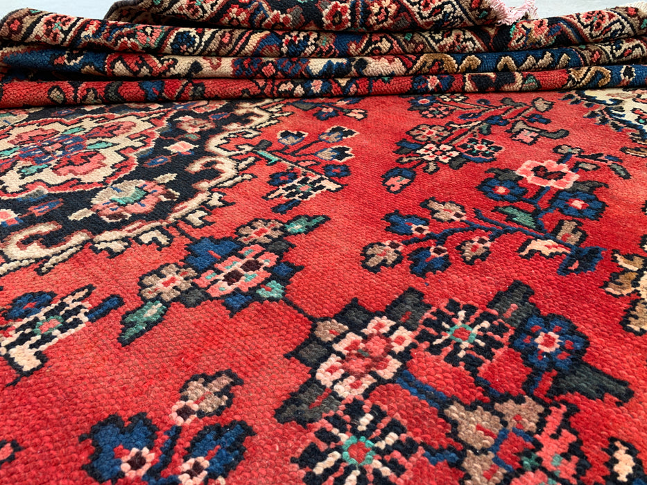 Handgemaakt Perzisch wollen vloerkleed 7x10 - Rood, blauw & ivoor kleurig bloemenmedaillon Perzisch stijl kleed - Exacte afmeting 10'3" x 6'9" - KBHM-767