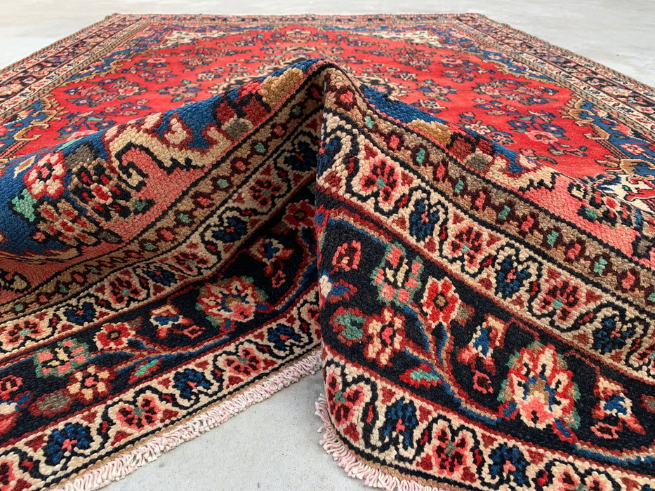 Handgemaakt Perzisch wollen vloerkleed 7x10 - Rood, blauw & ivoor kleurig bloemenmedaillon Perzisch stijl kleed - Exacte afmeting 10'3" x 6'9" - KBHM-767