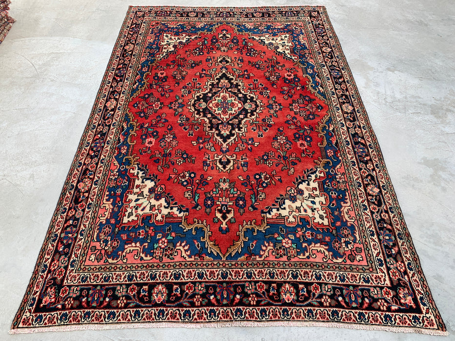 Handgemaakt Perzisch wollen vloerkleed 7x10 - Rood, blauw & ivoor kleurig bloemenmedaillon Perzisch stijl kleed - Exacte afmeting 10'3" x 6'9" - KBHM-767