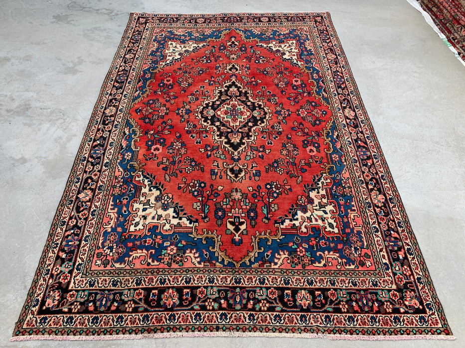 Handgemaakt Perzisch wollen vloerkleed 7x10 - Rood, blauw & ivoor kleurig bloemenmedaillon Perzisch stijl kleed - Exacte afmeting 10'3" x 6'9" - KBHM-767