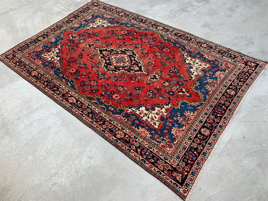 Handgemaakt Perzisch wollen vloerkleed 7x10 - Rood, blauw & ivoor kleurig bloemenmedaillon Perzisch stijl kleed - Exacte afmeting 10'3" x 6'9" - KBHM-767