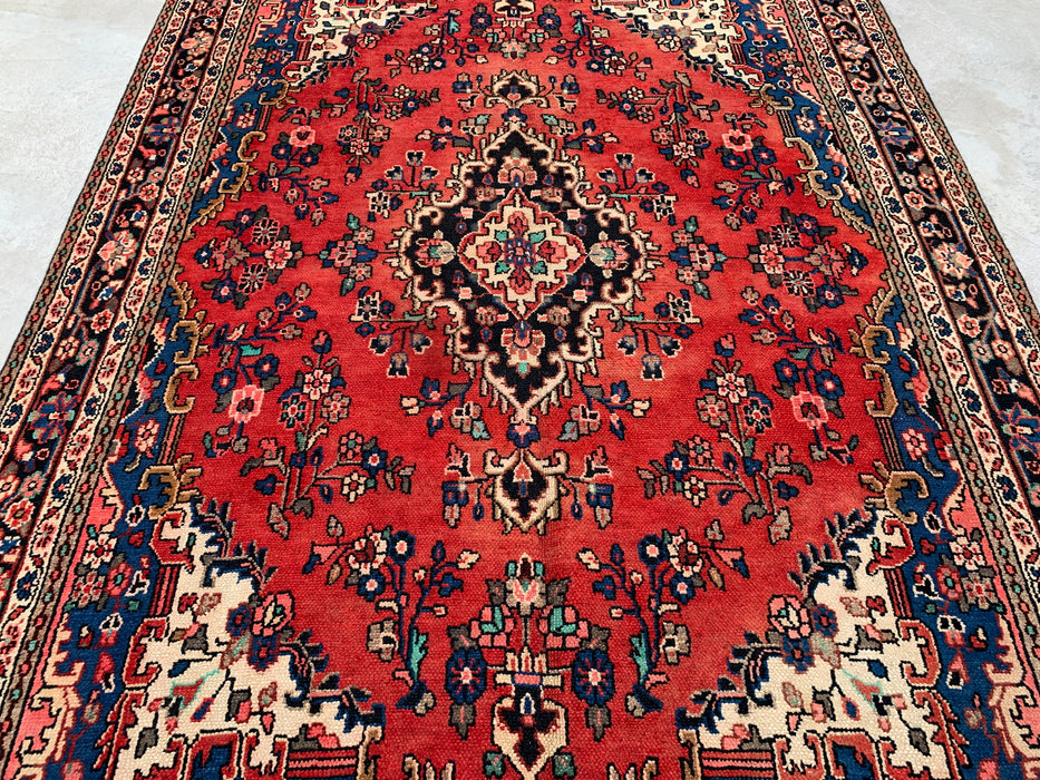 Handgemaakt Perzisch wollen vloerkleed 7x10 - Rood, blauw & ivoor kleurig bloemenmedaillon Perzisch stijl kleed - Exacte afmeting 10'3" x 6'9" - KBHM-767