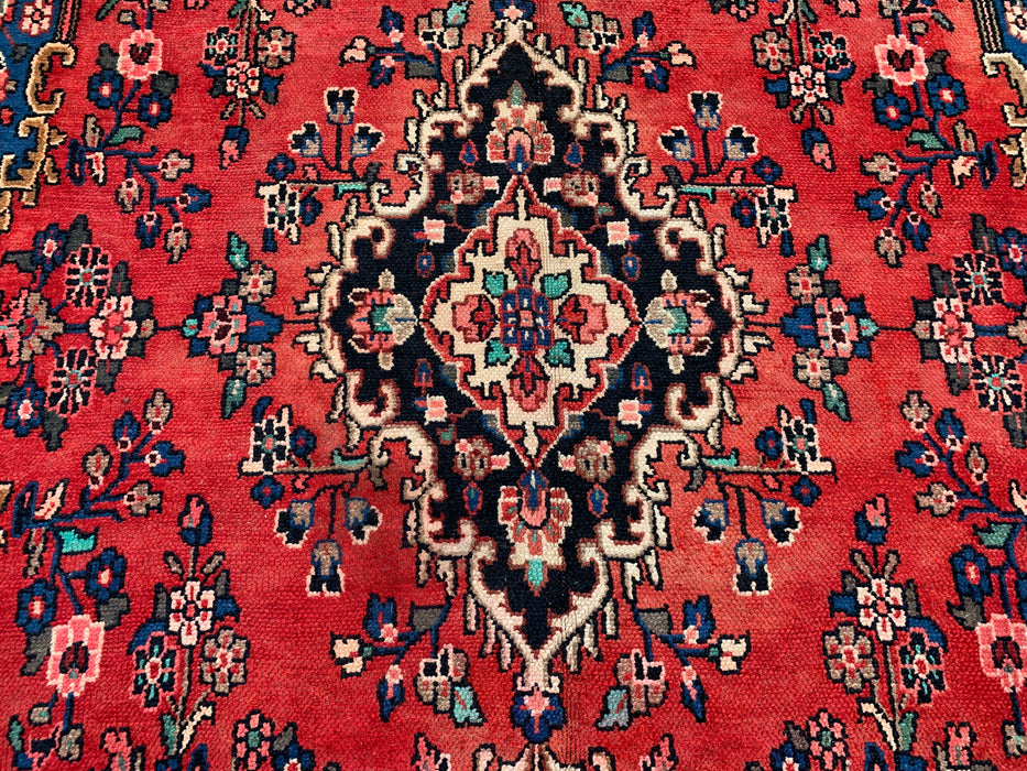Handgemaakt Perzisch wollen vloerkleed 7x10 - Rood, blauw & ivoor kleurig bloemenmedaillon Perzisch stijl kleed - Exacte afmeting 10'3" x 6'9" - KBHM-767