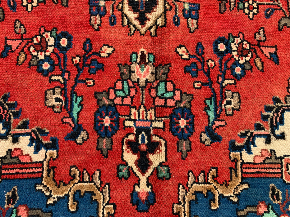 Handgemaakt Perzisch wollen vloerkleed 7x10 - Rood, blauw & ivoor kleurig bloemenmedaillon Perzisch stijl kleed - Exacte afmeting 10'3" x 6'9" - KBHM-767