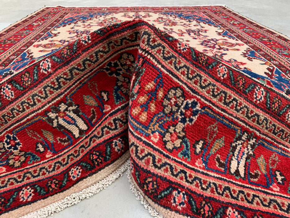 Handgemaakt Perzisch wollen vloerkleed 210x300 cm - Ivoor, rood en blauw Perzisch stijl kleed met bloemenmedaillon - Exacte afmetingen 292 cm x 211 cm - KBHM-768