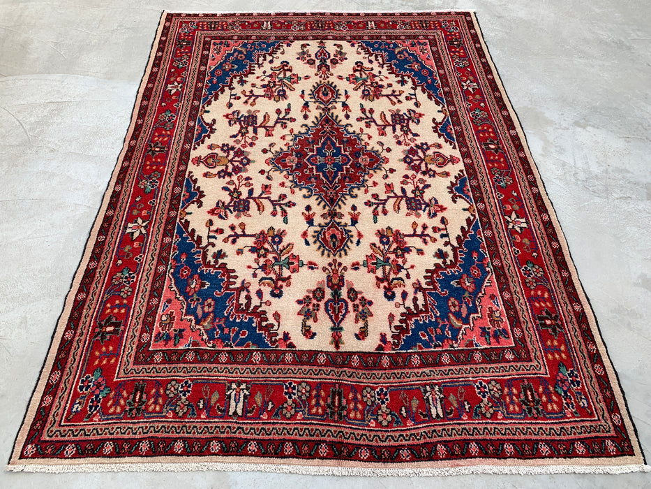 Handgemaakt Perzisch wollen vloerkleed 210x300 cm - Ivoor, rood en blauw Perzisch stijl kleed met bloemenmedaillon - Exacte afmetingen 292 cm x 211 cm - KBHM-768