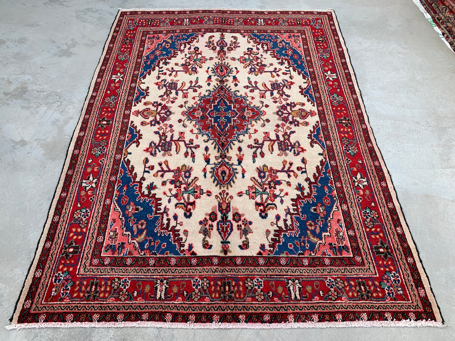 Handgemaakt Perzisch wollen vloerkleed 210x300 cm - Ivoor, rood en blauw Perzisch stijl kleed met bloemenmedaillon - Exacte afmetingen 292 cm x 211 cm - KBHM-768