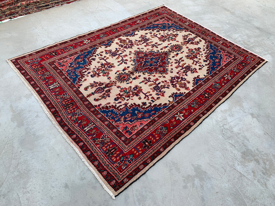 Handgemaakt Perzisch wollen vloerkleed 210x300 cm - Ivoor, rood en blauw Perzisch stijl kleed met bloemenmedaillon - Exacte afmetingen 292 cm x 211 cm - KBHM-768