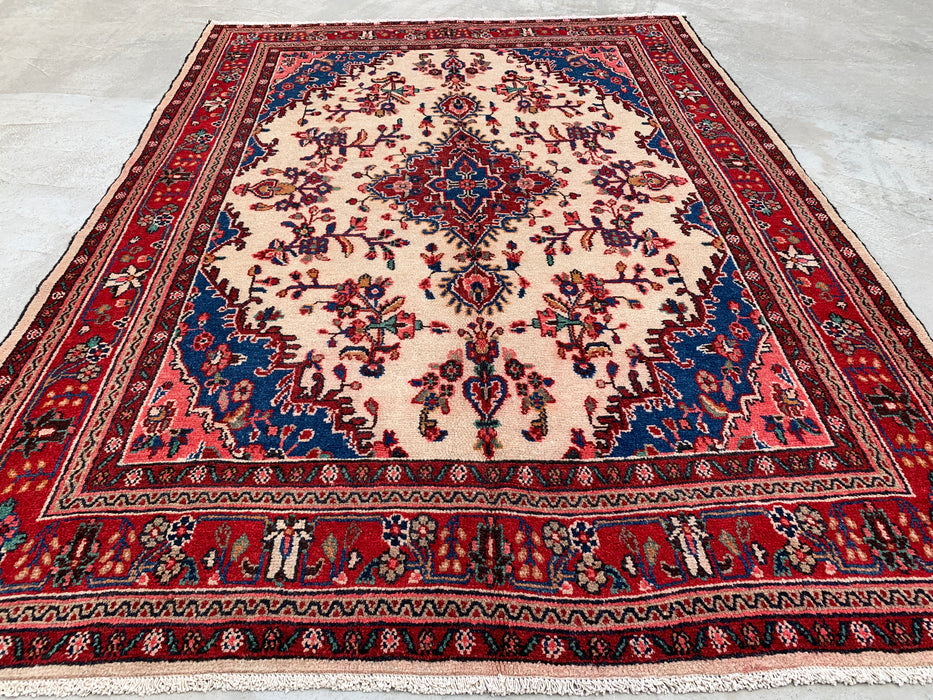 Handgemaakt Perzisch wollen vloerkleed 210x300 cm - Ivoor, rood en blauw Perzisch stijl kleed met bloemenmedaillon - Exacte afmetingen 292 cm x 211 cm - KBHM-768