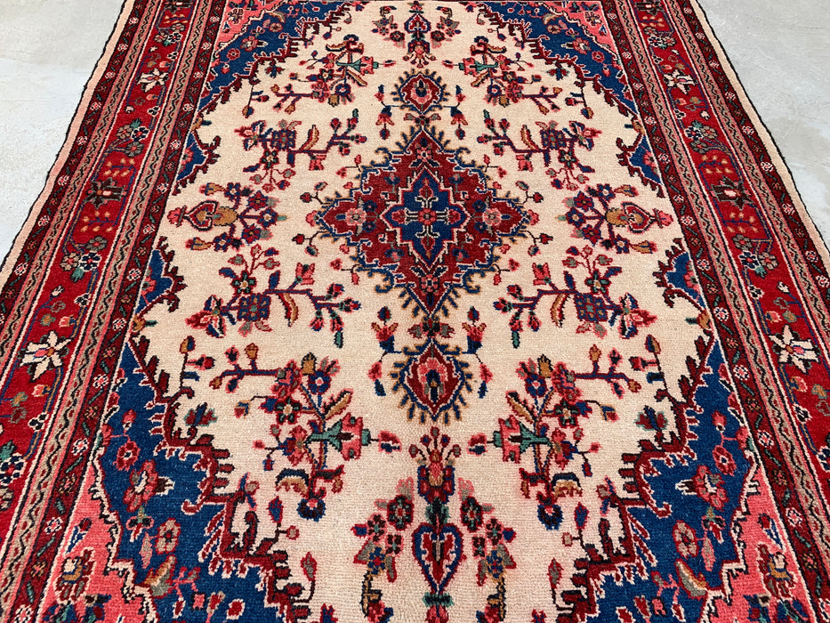 Handgemaakt Perzisch wollen vloerkleed 210x300 cm - Ivoor, rood en blauw Perzisch stijl kleed met bloemenmedaillon - Exacte afmetingen 292 cm x 211 cm - KBHM-768