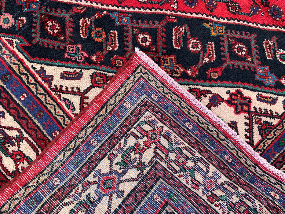 10'1" x 7'0" Handgeknoopt Perzisch wollen tapijt – Rood, ivoor & marineblauw tribaal medaillonontwerp – KBHM-769
