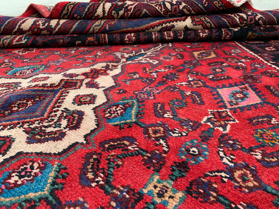 10'1" x 7'0" Handgeknoopt Perzisch wollen tapijt – Rood, ivoor & marineblauw tribaal medaillonontwerp – KBHM-769