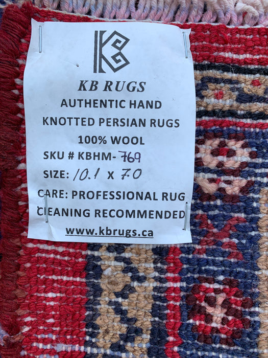 10'1" x 7'0" Handgeknoopt Perzisch wollen tapijt – Rood, ivoor & marineblauw tribaal medaillonontwerp – KBHM-769