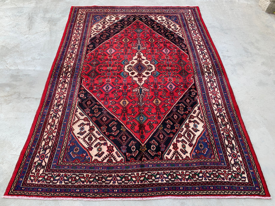 10'1" x 7'0" Handgeknoopt Perzisch wollen tapijt – Rood, ivoor & marineblauw tribaal medaillonontwerp – KBHM-769