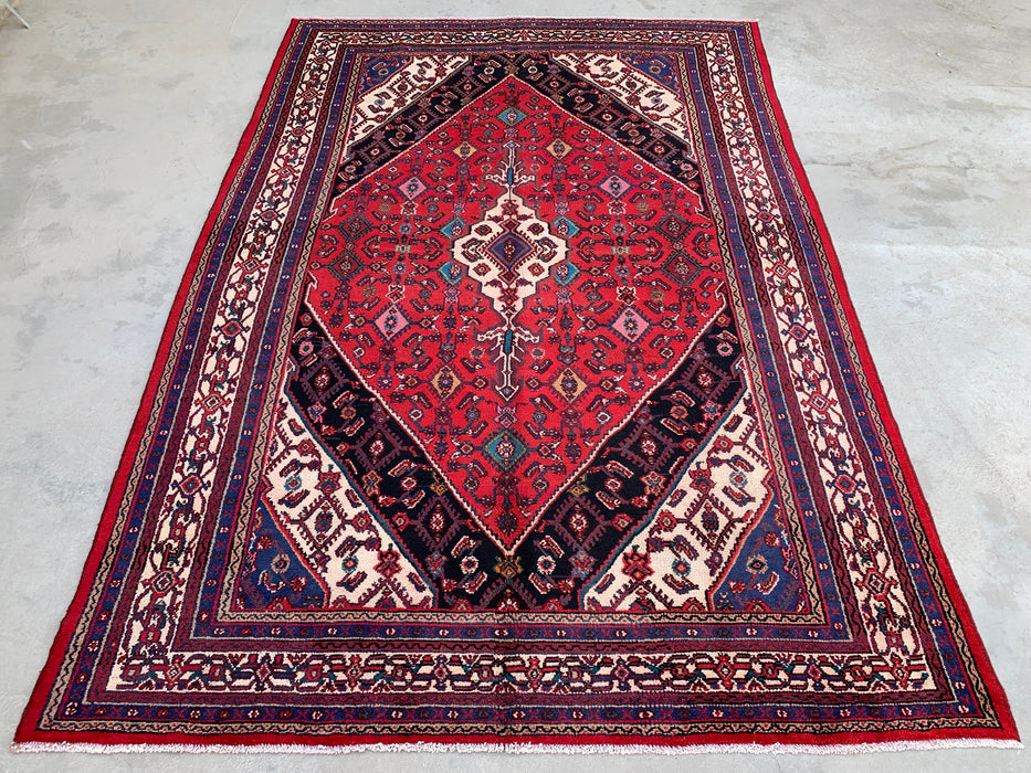 10'1" x 7'0" Handgeknoopt Perzisch wollen tapijt – Rood, ivoor & marineblauw tribaal medaillonontwerp – KBHM-769