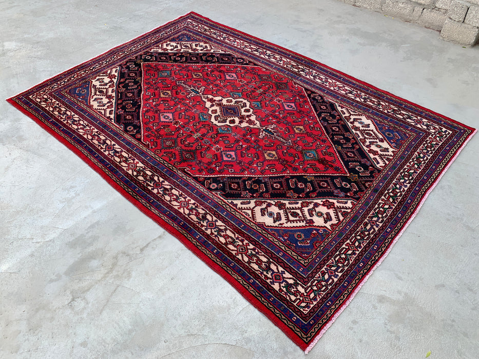 10'1" x 7'0" Handgeknoopt Perzisch wollen tapijt – Rood, ivoor & marineblauw tribaal medaillonontwerp – KBHM-769