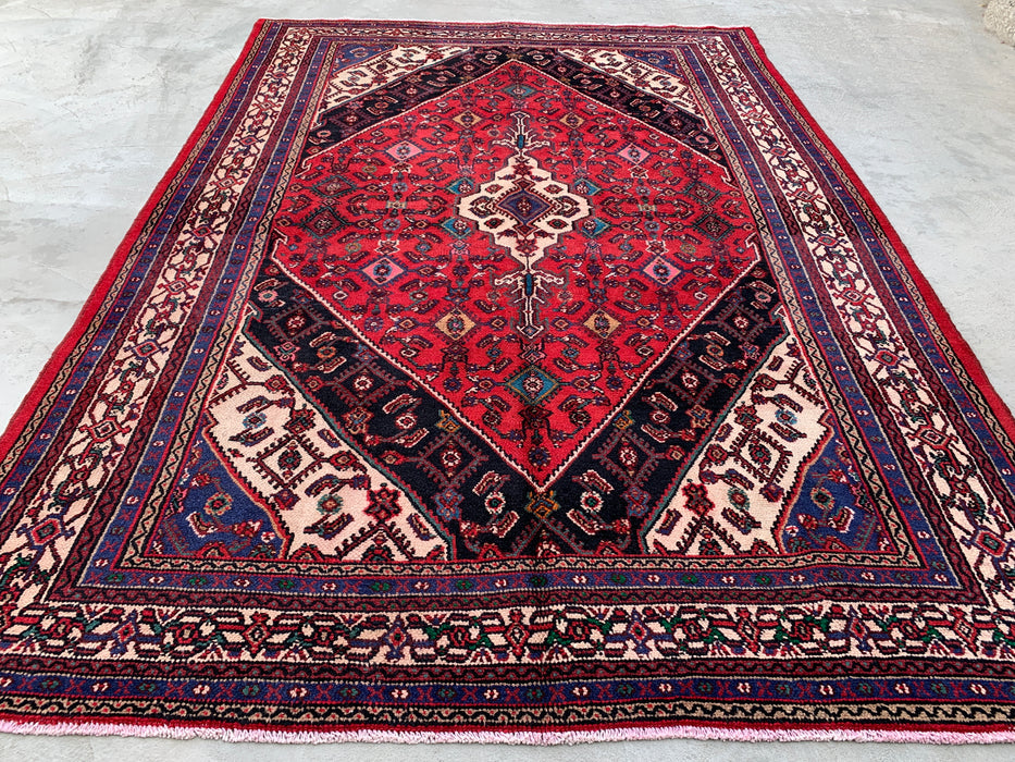 10'1" x 7'0" Handgeknoopt Perzisch wollen tapijt – Rood, ivoor & marineblauw tribaal medaillonontwerp – KBHM-769