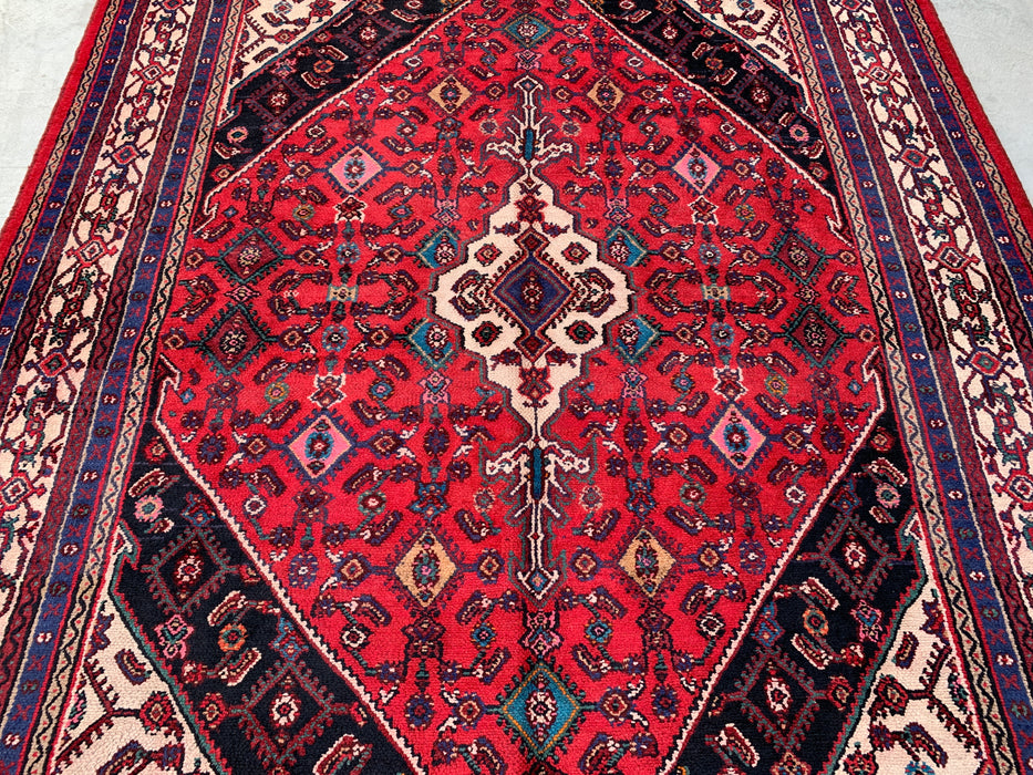 10'1" x 7'0" Handgeknoopt Perzisch wollen tapijt – Rood, ivoor & marineblauw tribaal medaillonontwerp – KBHM-769