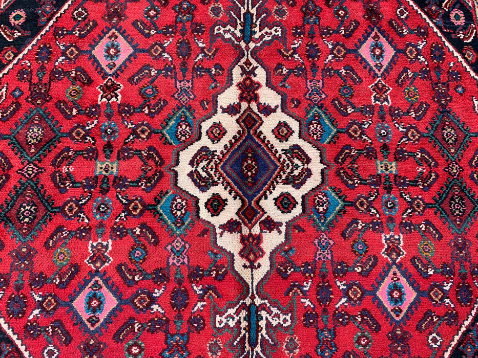 10'1" x 7'0" Handgeknoopt Perzisch wollen tapijt – Rood, ivoor & marineblauw tribaal medaillonontwerp – KBHM-769
