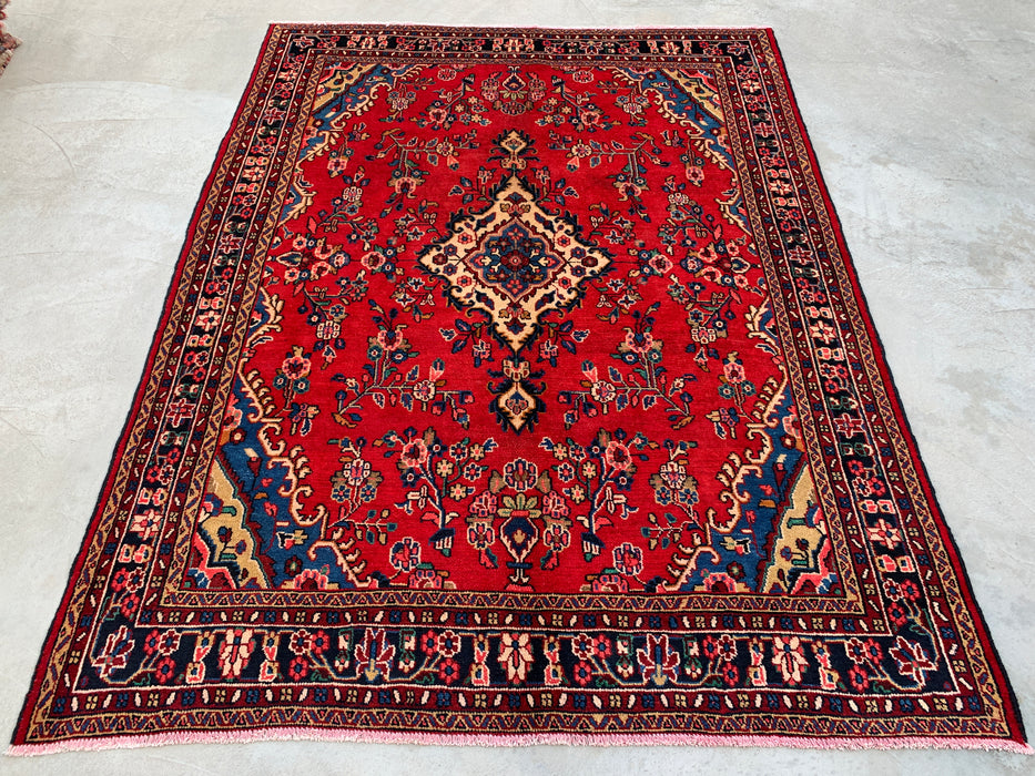 292 x 221 cm handgeknoopt Perzisch wollen tapijt – Rood, blauw & ivoorkleurig bloemenmedaillonontwerp – KBHM-770