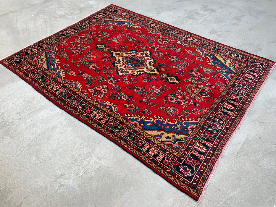 292 x 221 cm handgeknoopt Perzisch wollen tapijt – Rood, blauw & ivoorkleurig bloemenmedaillonontwerp – KBHM-770
