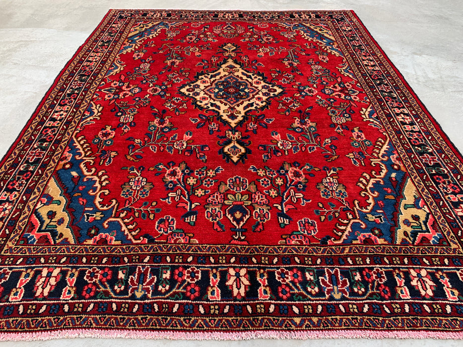 292 x 221 cm handgeknoopt Perzisch wollen tapijt – Rood, blauw & ivoorkleurig bloemenmedaillonontwerp – KBHM-770