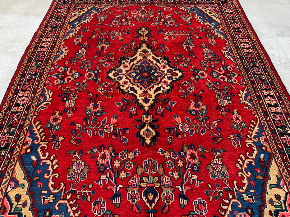 292 x 221 cm handgeknoopt Perzisch wollen tapijt – Rood, blauw & ivoorkleurig bloemenmedaillonontwerp – KBHM-770