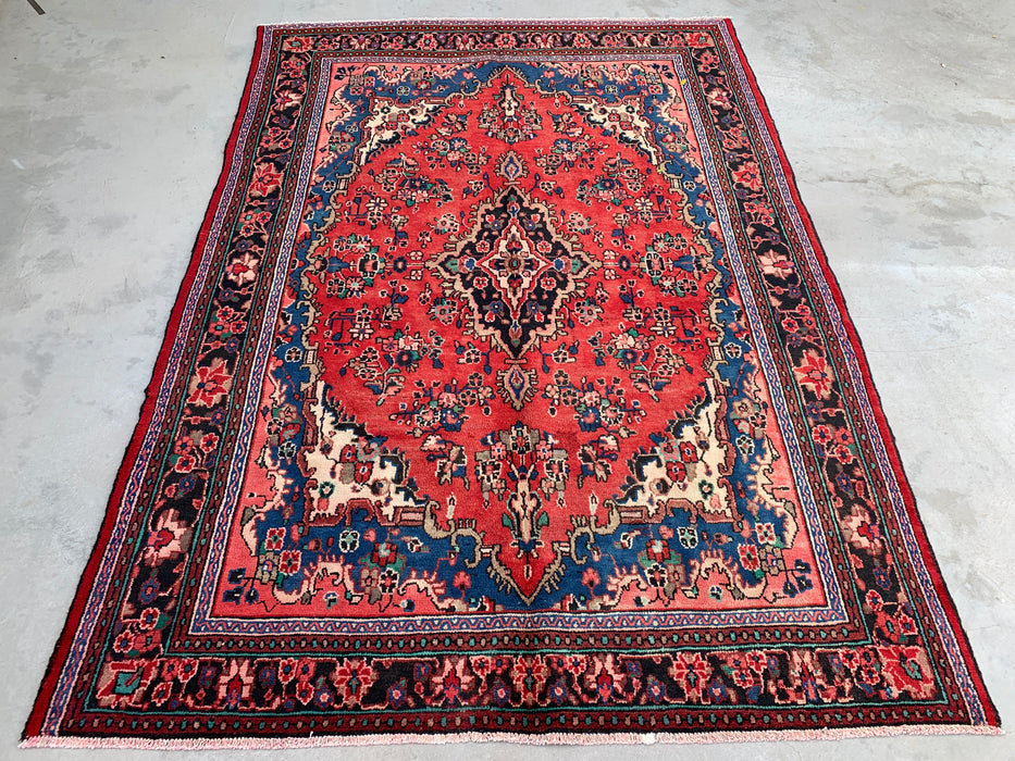 Handgemaakt Perzisch wollen vloerkleed 213x305 cm - Rood, blauw & ivoorkleurig bloemenmedaillon Perzisch stijl kleed - Exacte afmeting 297 cm x 211 cm - KBHM-771
