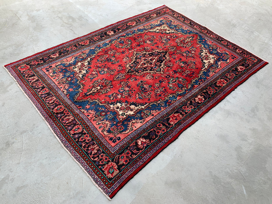 Handgemaakt Perzisch wollen vloerkleed 213x305 cm - Rood, blauw & ivoorkleurig bloemenmedaillon Perzisch stijl kleed - Exacte afmeting 297 cm x 211 cm - KBHM-771
