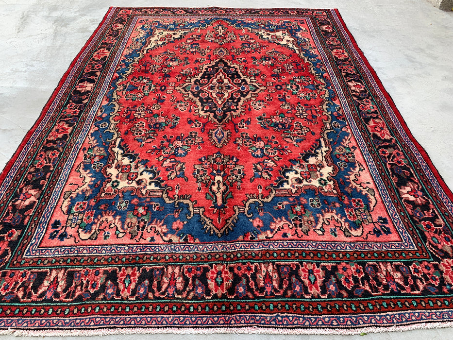 Handgemaakt Perzisch wollen vloerkleed 213x305 cm - Rood, blauw & ivoorkleurig bloemenmedaillon Perzisch stijl kleed - Exacte afmeting 297 cm x 211 cm - KBHM-771