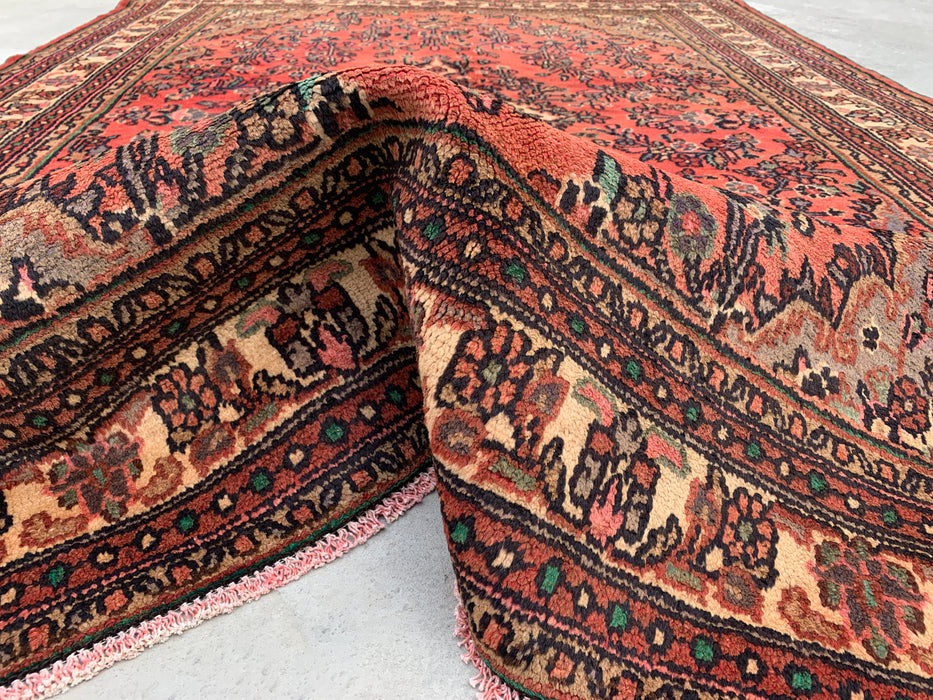Handgemaakt Perzisch wollen vloerkleed 7x10 - Vintage bloemenmedaillon Perzische stijl in roze, taupe & ivoor - Exacte afmeting 9'6" x 6'11" - KBHM-772